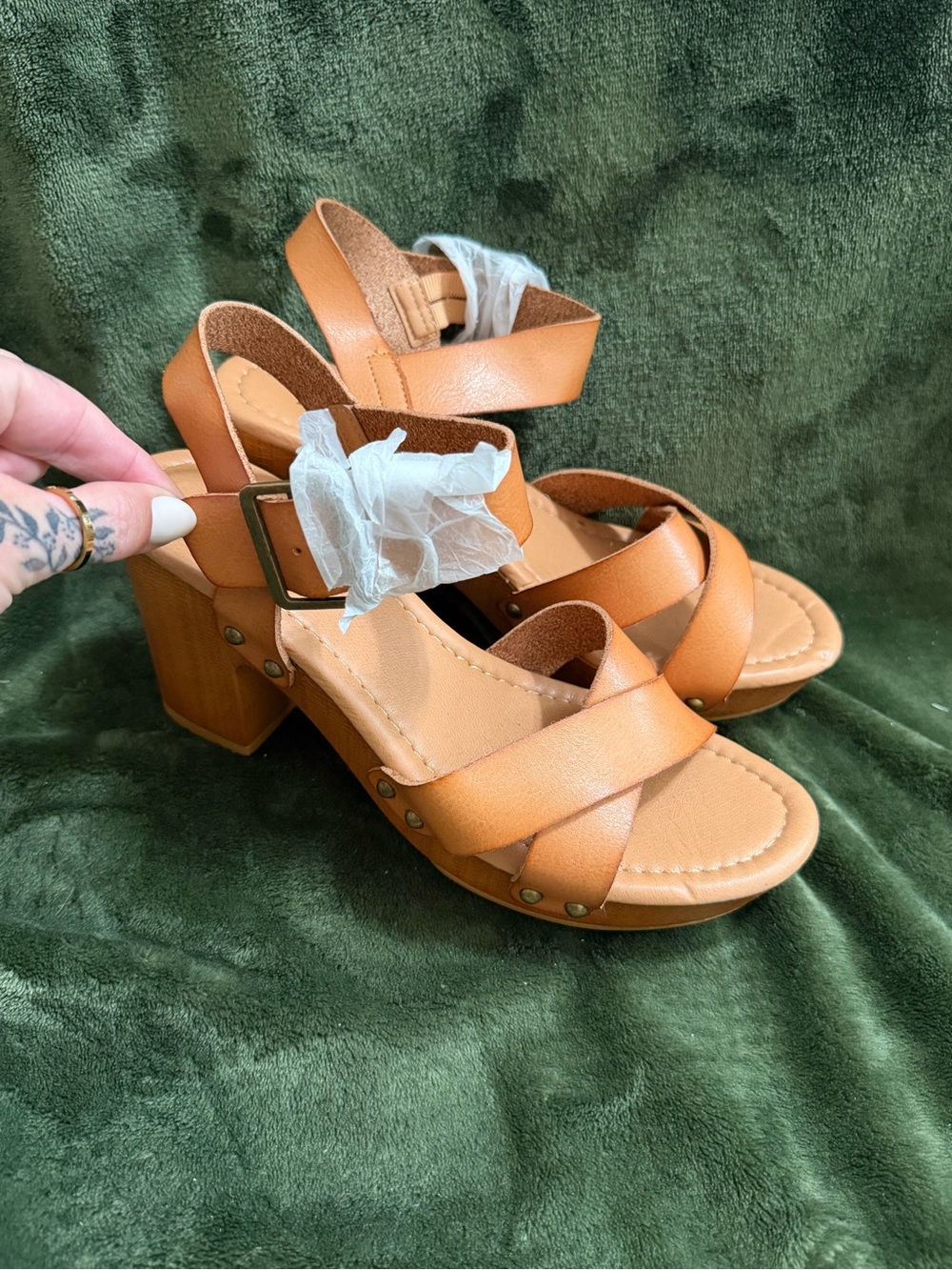 Tan Strappy Block Heel Sandals - Women